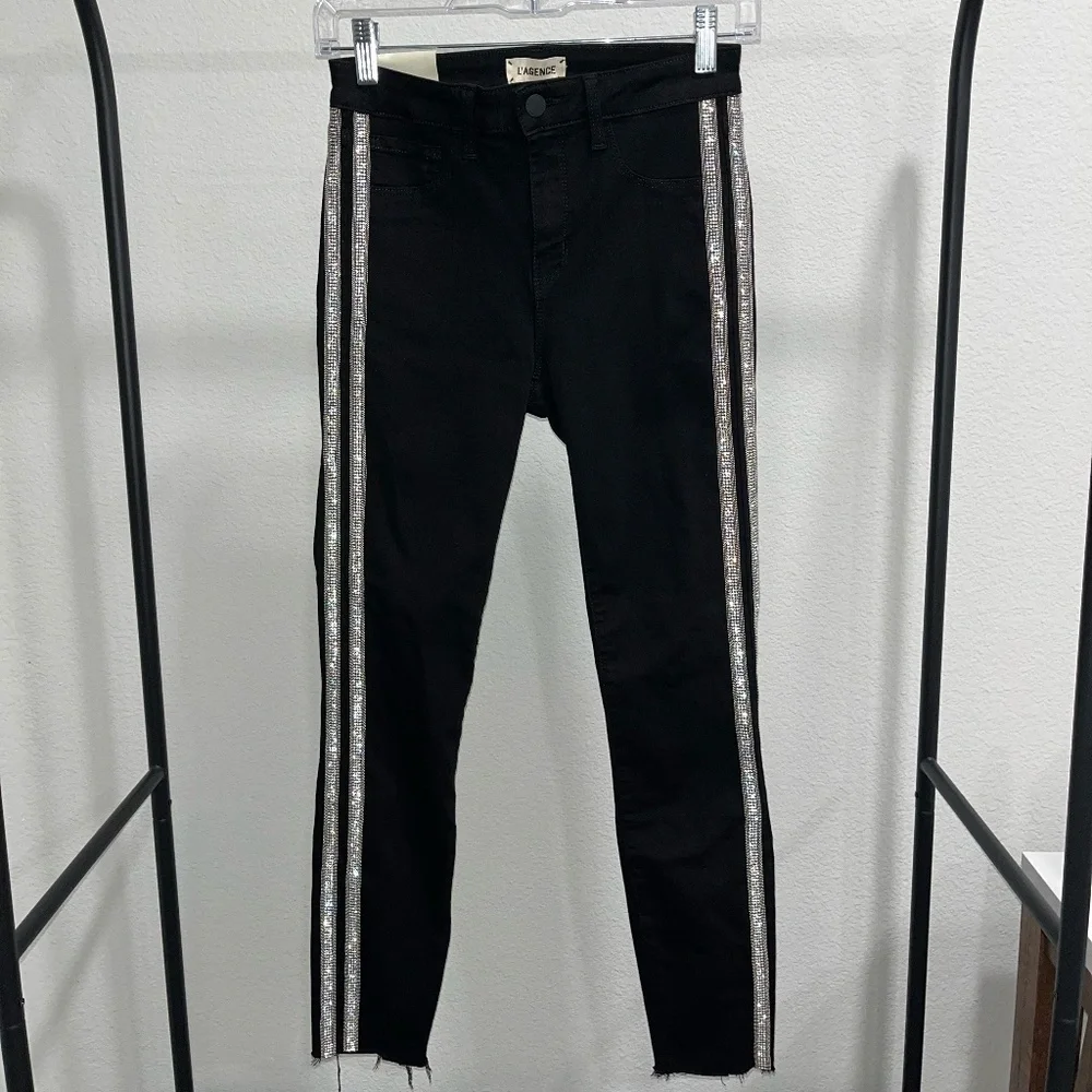 L'AGENCE | Margot Rhinestone Crystal-Stripe High-Rise Skinny Jeans in Black | 25